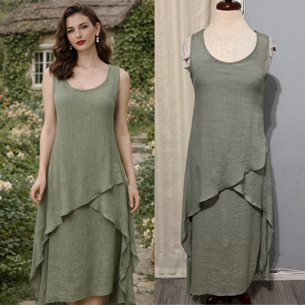 Exist Womens Maxi Dress S Sage Green‎ Textured Layered Asymmetrical Cottagecore